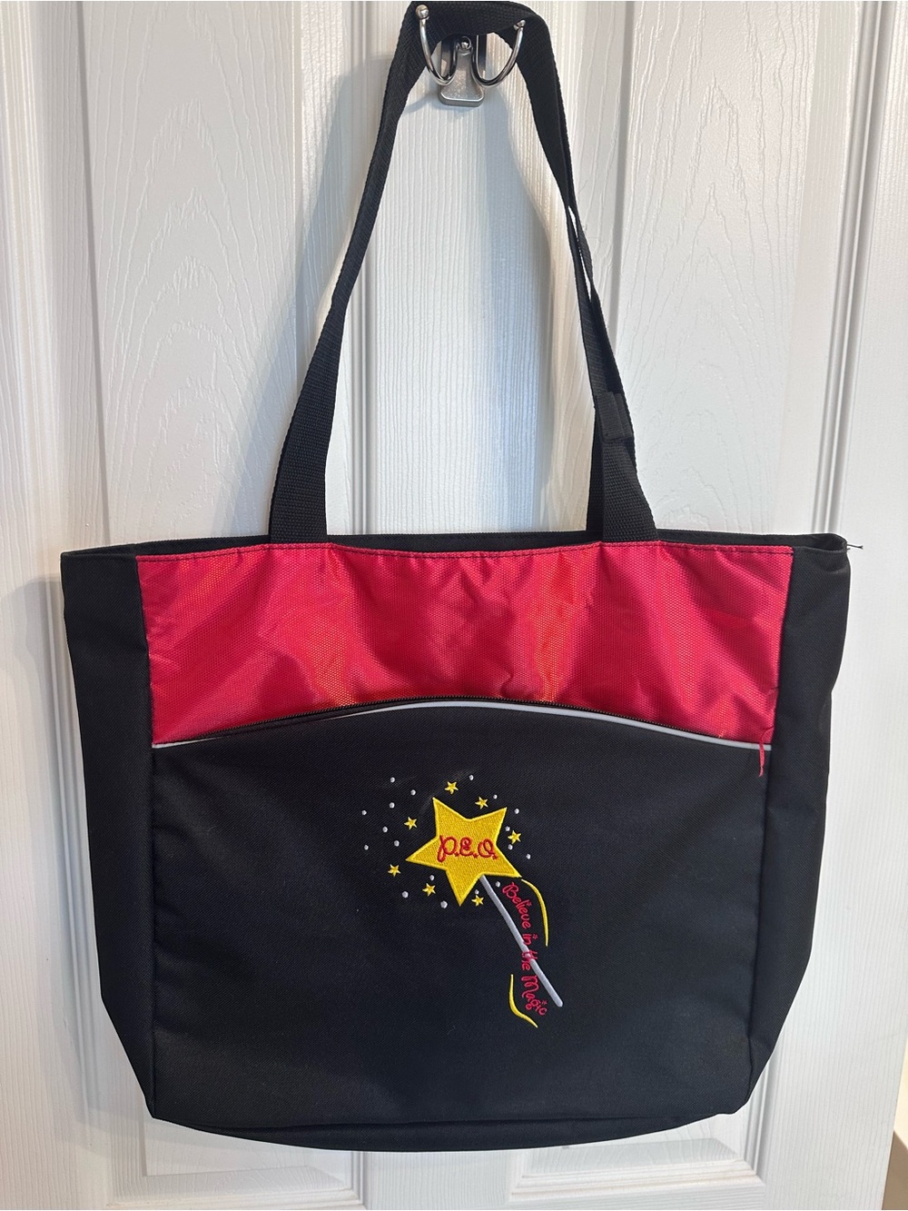 P.E.O. Black and Red Star-Embroidered Tote Bag Philanthopic Organization